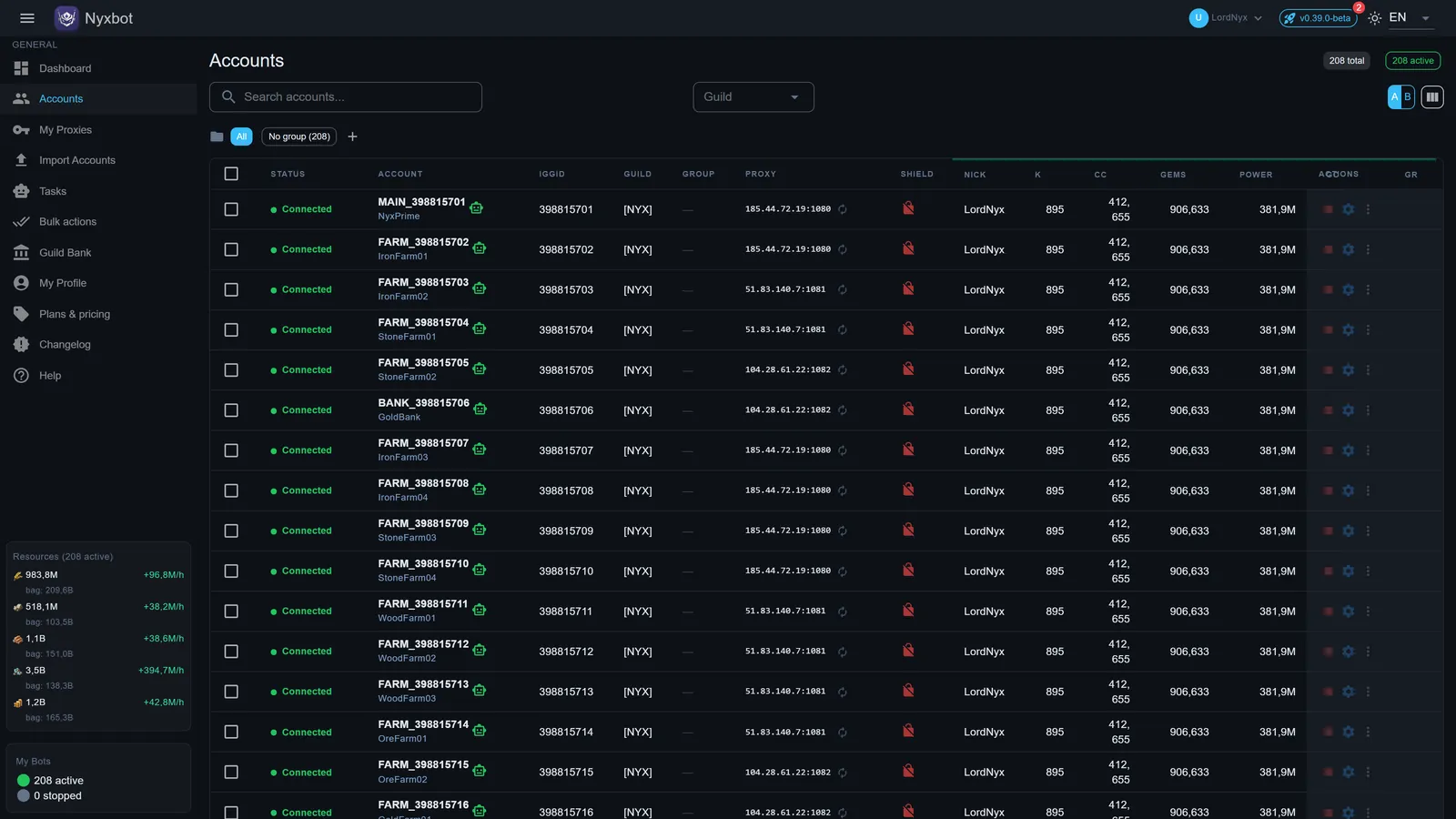 Panel de NyxBot con la lista de cuentas conectadas